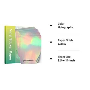 Stampcolour 50 Sheets Holographic Printable Vinyl Sticker Paper for Cricut,Glossy Decal Paper,Self-Adhesive Labels Crafts,Dries Quickly Tear Resistant-for Any Epson HP Canon Sawgrass Inkjet Printer A4