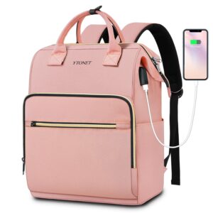 ytonet pink laptop backpack for women, 15.6 inch anti theft backpack with usb charging port, water resistant travel carry on backpack with laptop compartment for work/nurse/teacher, pink
