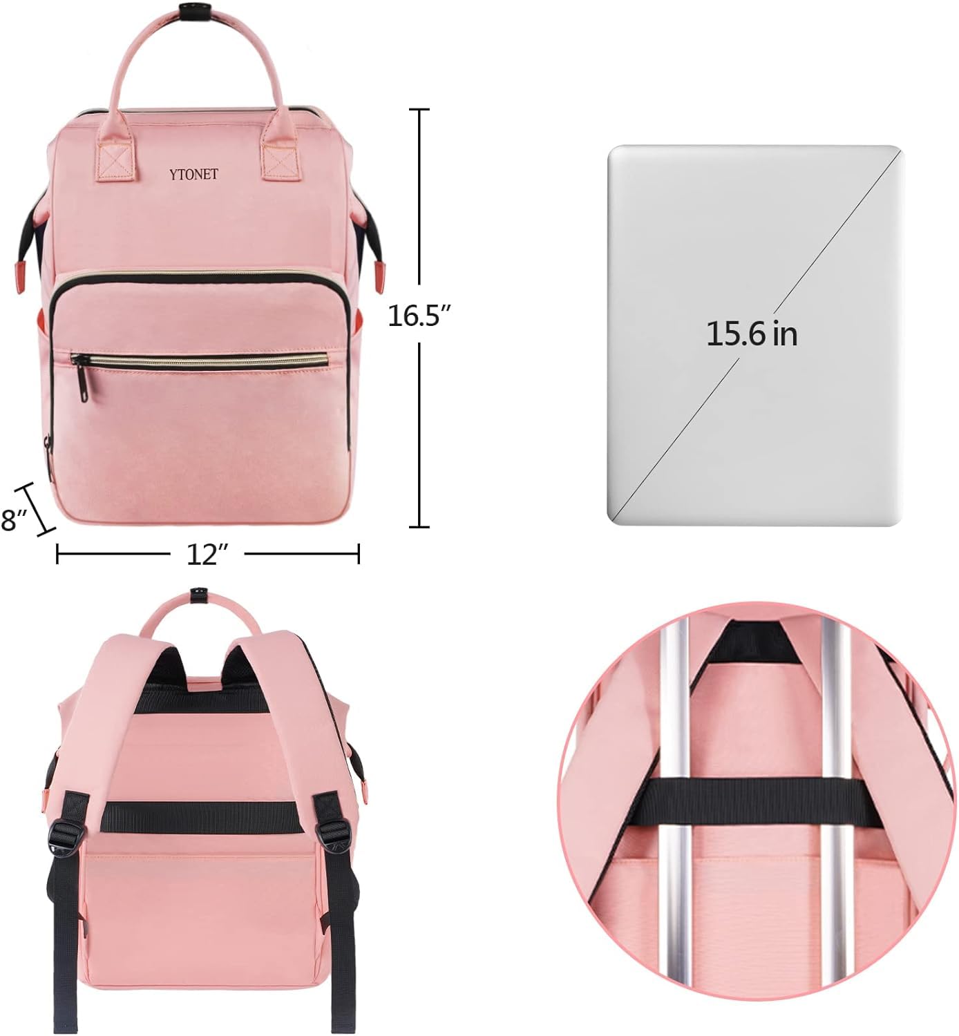 Ytonet Pink Laptop Backpack for Women, 15.6 Inch Anti theft Backpack with USB Charging Port, Water Resistant Travel Carry On Backpack with Laptop Compartment for Work/Nurse/Teacher, Pink