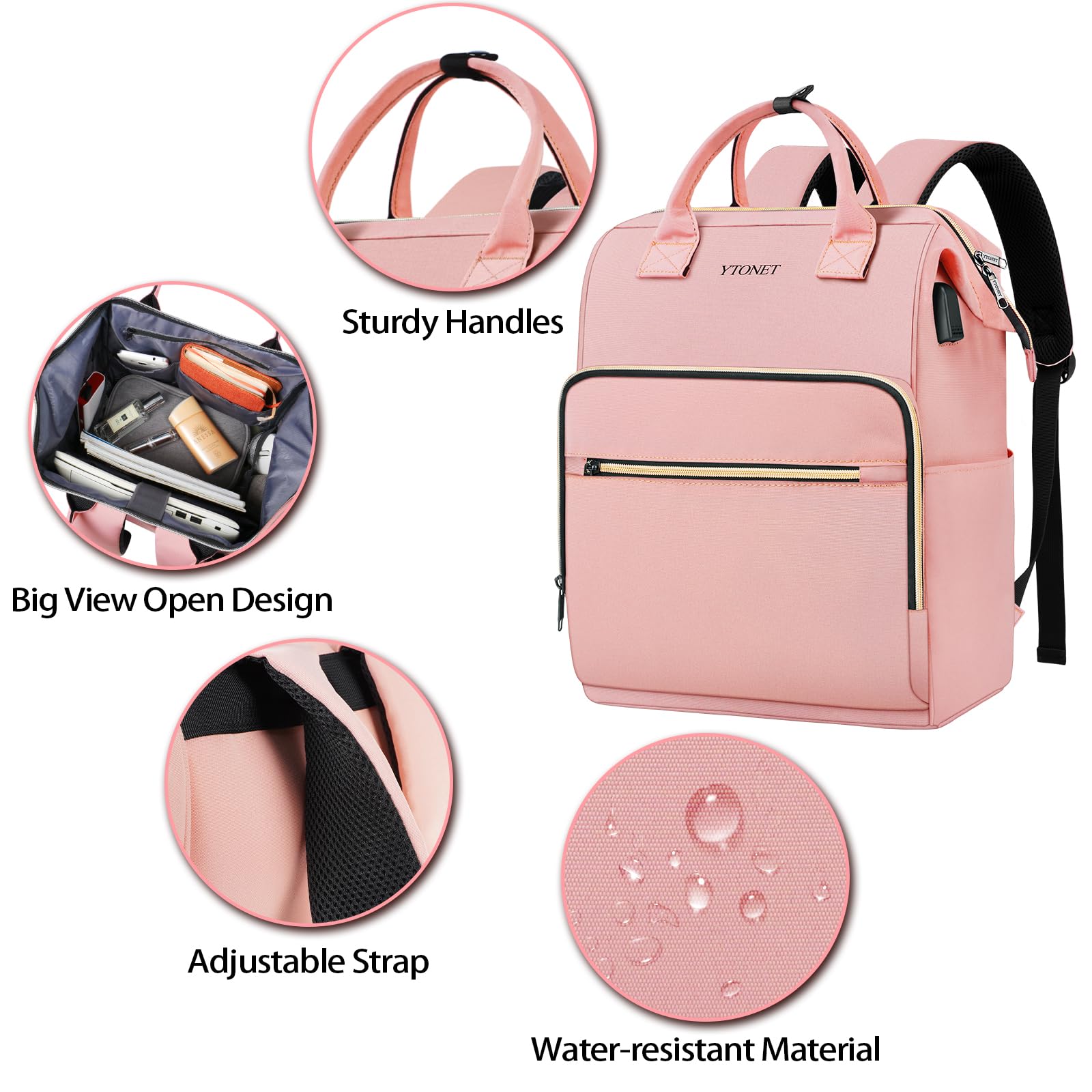 Ytonet Pink Laptop Backpack for Women, 15.6 Inch Anti theft Backpack with USB Charging Port, Water Resistant Travel Carry On Backpack with Laptop Compartment for Work/Nurse/Teacher, Pink