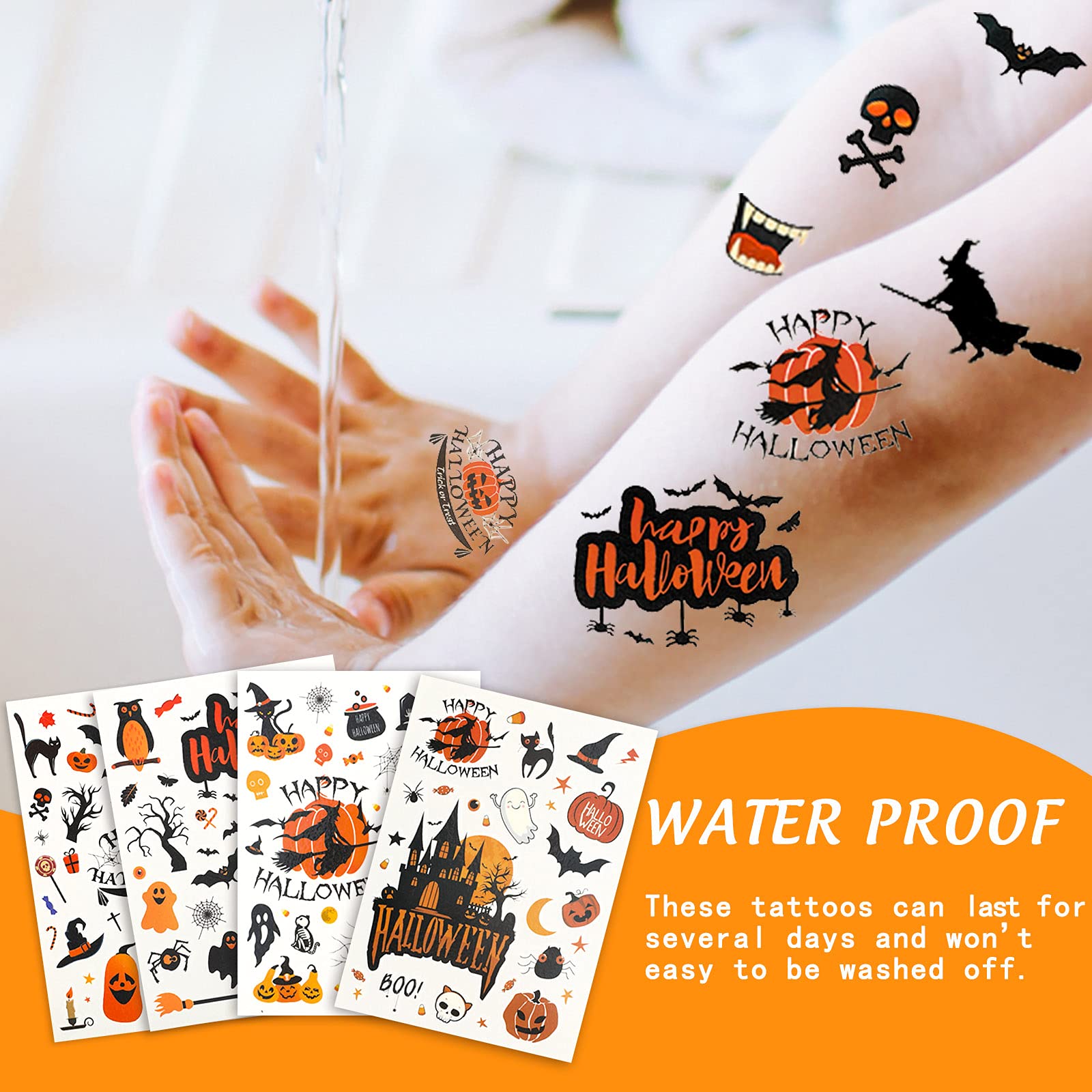 Whaline 270Pcs+ Halloween Temporary Tattoos 16 Sheet Waterproof Tattoo Stickers Pumpkin Witch Ghost Bat Tattoo Decals for Boy Girl Party Favors Trick or Treat Decoration Face Arm Body