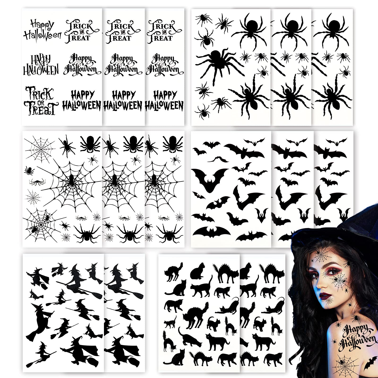 Whaline 250Pcs+ Halloween Temporary Tattoos 16 Sheet Waterproof Tattoo Stickers Black Gothic Spider Web Cat Witch Tattoo Decals for Boy Girl Trick or Treat Decoration Party Favors Arm Body Face