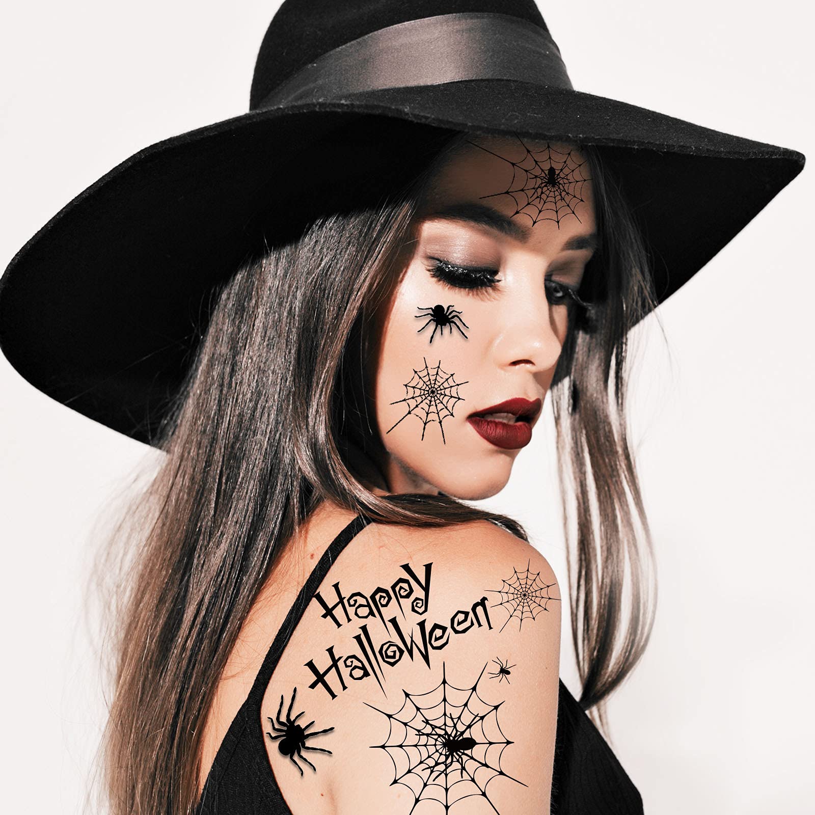 Whaline 250Pcs+ Halloween Temporary Tattoos 16 Sheet Waterproof Tattoo Stickers Black Gothic Spider Web Cat Witch Tattoo Decals for Boy Girl Trick or Treat Decoration Party Favors Arm Body Face