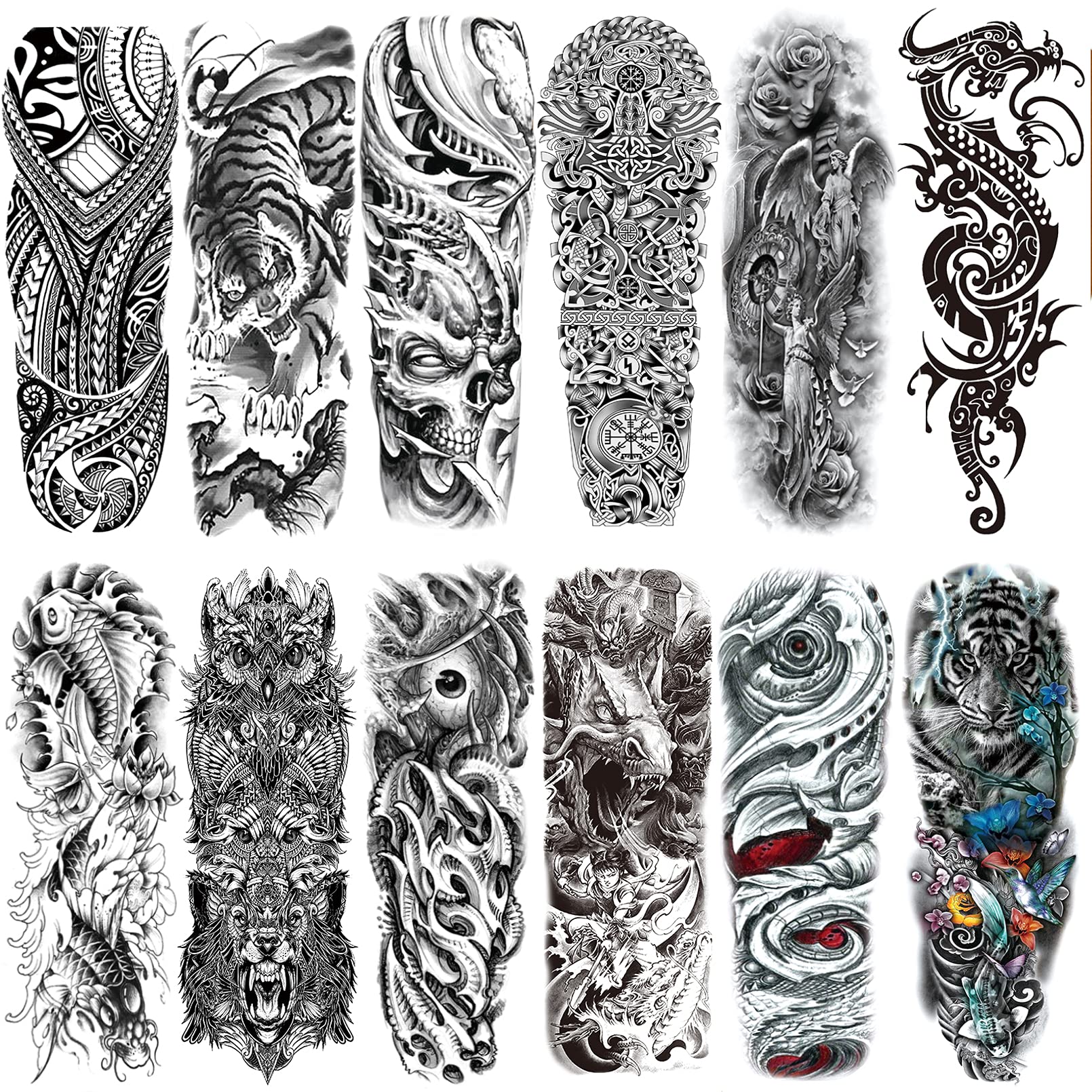 CUTELIILI Full arm temporary tattoo for Men,12sheets (L19“xW7”) Sleeve Tattoos temporary, Fake Tattoos That Look Real and Last long，Tiger Dragon Koi Evil Eyes