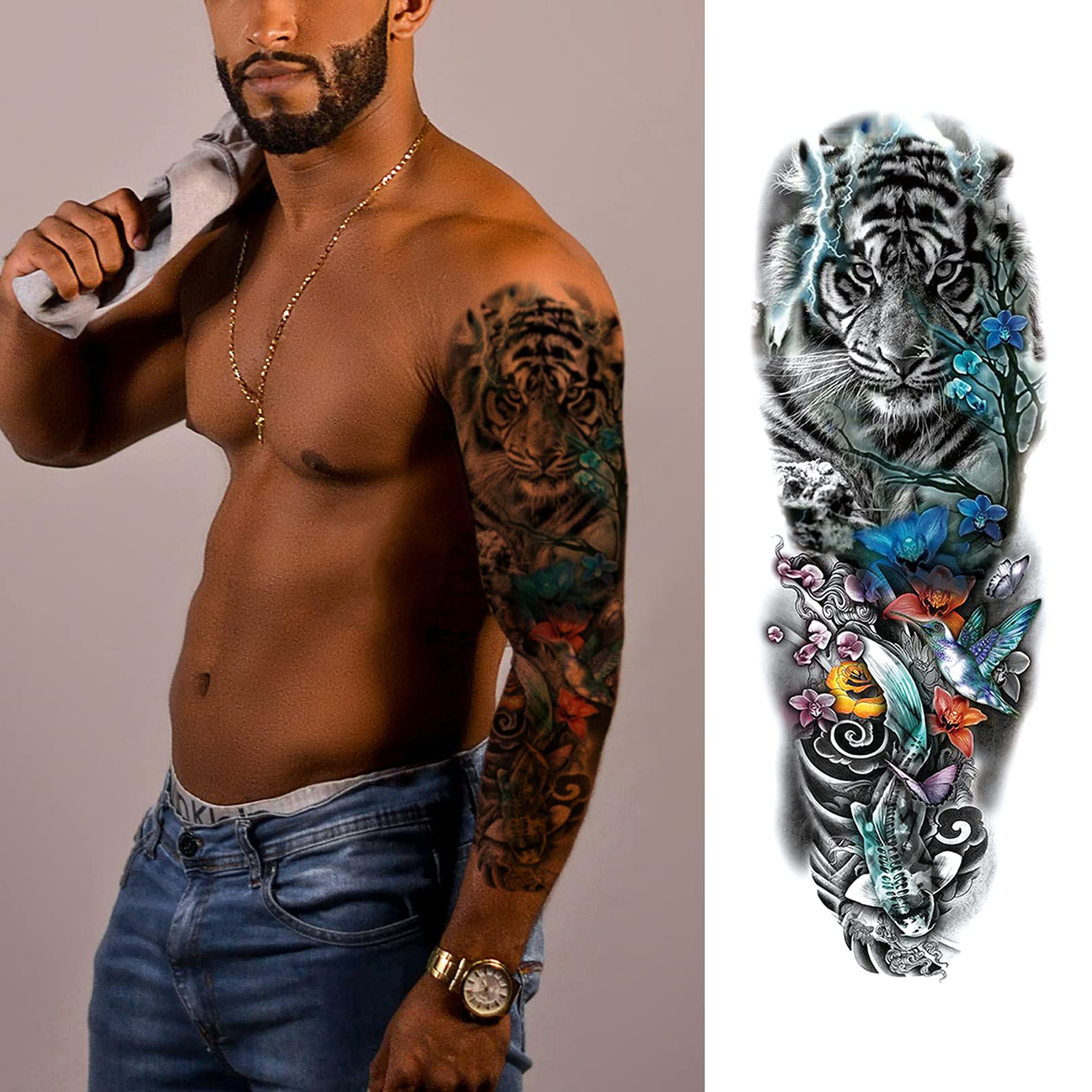 CUTELIILI Full arm temporary tattoo for Men,12sheets (L19“xW7”) Sleeve Tattoos temporary, Fake Tattoos That Look Real and Last long，Tiger Dragon Koi Evil Eyes