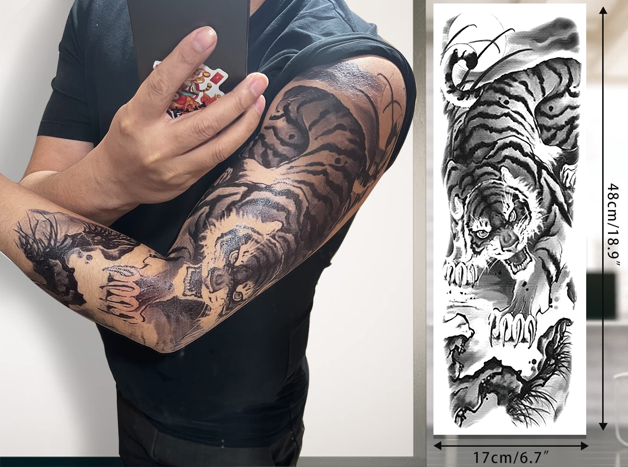 CUTELIILI Full arm temporary tattoo for Men,12sheets (L19“xW7”) Sleeve Tattoos temporary, Fake Tattoos That Look Real and Last long，Tiger Dragon Koi Evil Eyes