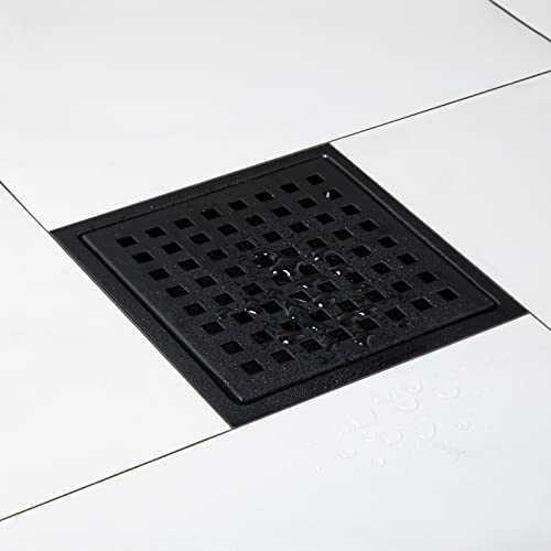 5.8-Inch Stainless Steel Square Shower Drain Cover for Bathrooms, Showers, and Sinks, Replacement Floor Drain with 2 Inch (50mm) Bottom Outlet for Renovations and New Construction (Matte Black)