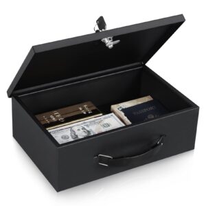 kyodoled fireproof document box with key lock,safe storage box for valuables,fire resistance security chest,fireproof box for documents,passport,cash,tablet,exterior 12.8'' x 8.4'' x 4.5'' black