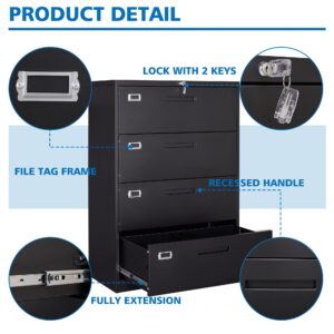 BYNSOE 4 Drawer Filing Cabinet with Lock Metal Lateral File Cabinet Office Home Steel Lateral File Cabinet for A4 Legal/Letter Size Wide Metal Cabinet Locked,Assembly Required (4 Drawer, Black)