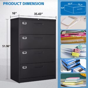 BYNSOE 4 Drawer Filing Cabinet with Lock Metal Lateral File Cabinet Office Home Steel Lateral File Cabinet for A4 Legal/Letter Size Wide Metal Cabinet Locked,Assembly Required (4 Drawer, Black)