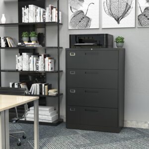 BYNSOE 4 Drawer Filing Cabinet with Lock Metal Lateral File Cabinet Office Home Steel Lateral File Cabinet for A4 Legal/Letter Size Wide Metal Cabinet Locked,Assembly Required (4 Drawer, Black)