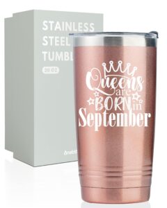 onebttl happy birthday tumbler for women, funny birthday gifts for her, girlfriend, friends, wife, mom, daughter, sister, 20 oz stainless steel cup with lid, queens are born in september, rose gold