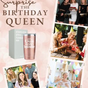 Onebttl Happy Birthday Tumbler for Women, Funny Birthday Gifts for Her, Girlfriend, Friends, Wife, Mom, Daughter, Sister, 20 oz Stainless Steel Cup with Lid, Queens are Born in September, Rose Gold