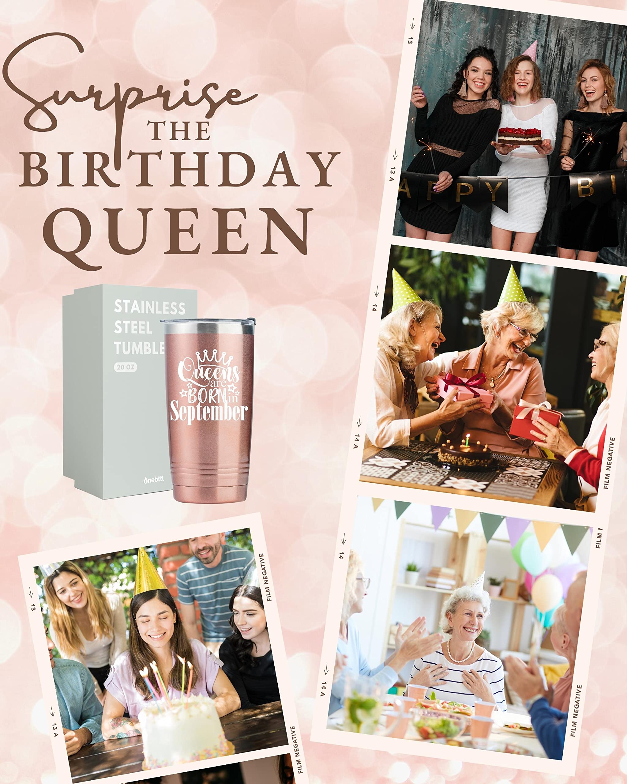 Onebttl Happy Birthday Tumbler for Women, Funny Birthday Gifts for Her, Girlfriend, Friends, Wife, Mom, Daughter, Sister, 20 oz Stainless Steel Cup with Lid, Queens are Born in September, Rose Gold