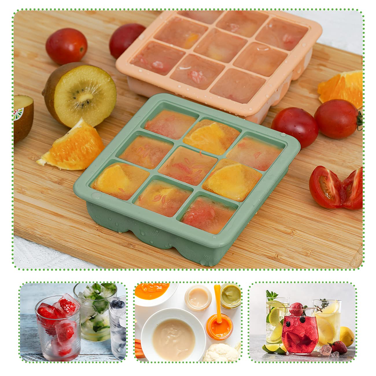 haakaa Baby Food and Breast Milk Freezer Tray, Silicone Freezer Tray with Lid, Baby Food Storage Container, Perfect for Homemade Baby Food, Vegetable & Fruit Purees, 9 x 1.2 oz, Pea Green