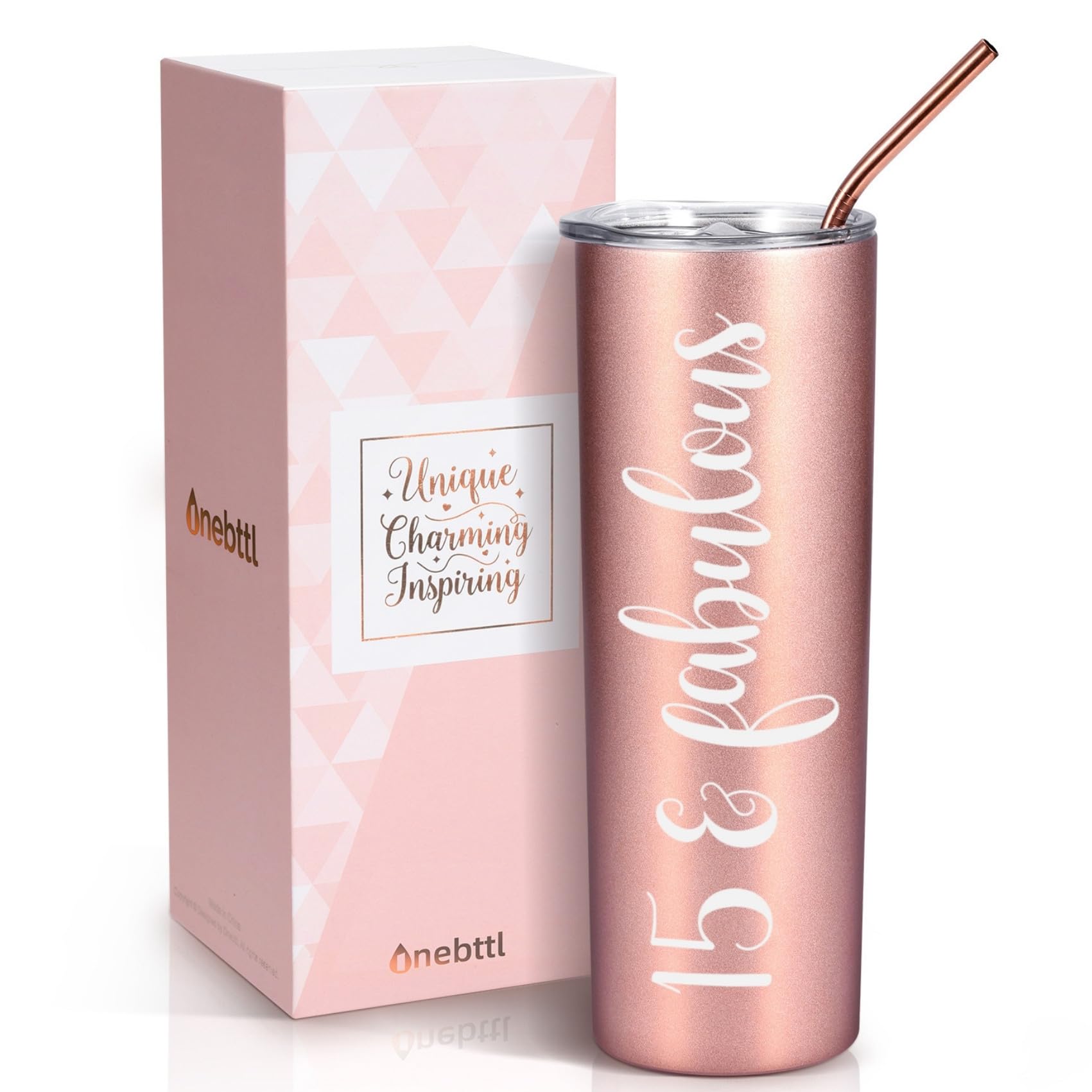 Onebttl Quinceanera Gifts, 15 Year Old Girl Gifts for Birthday, 15th Birthday Gifts for Girls, Female, Her - 20oz/590ml Stainless Steel Insulated Tumbler with Straw, Lid - 15 & Fabulous Rosegold