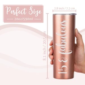 Onebttl Quinceanera Gifts, 15 Year Old Girl Gifts for Birthday, 15th Birthday Gifts for Girls, Female, Her - 20oz/590ml Stainless Steel Insulated Tumbler with Straw, Lid - 15 & Fabulous Rosegold