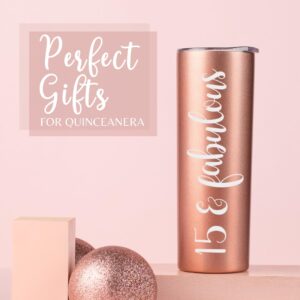 Onebttl Quinceanera Gifts, 15 Year Old Girl Gifts for Birthday, 15th Birthday Gifts for Girls, Female, Her - 20oz/590ml Stainless Steel Insulated Tumbler with Straw, Lid - 15 & Fabulous Rosegold