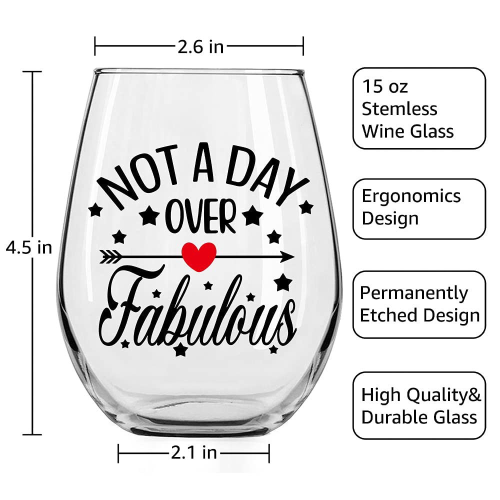 DYJYBMY Not a Day Over Fabulous Funny Wine Glass Birthday Gifts for Women Sister BFF Daughter Mothers Day Ideas for Women Her Friend Mom Thanksgiving Christmas Retirement Graduation Gifts