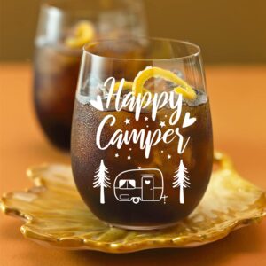 DYJYBMY Happy Camper Funny Wine Glass Birthday Gifts for Women Sister BFF Cute Camping Gifts for Women Her Friend Glamping RV Kitchen AccessoriesThanksgiving Christmas Graduation Gifts