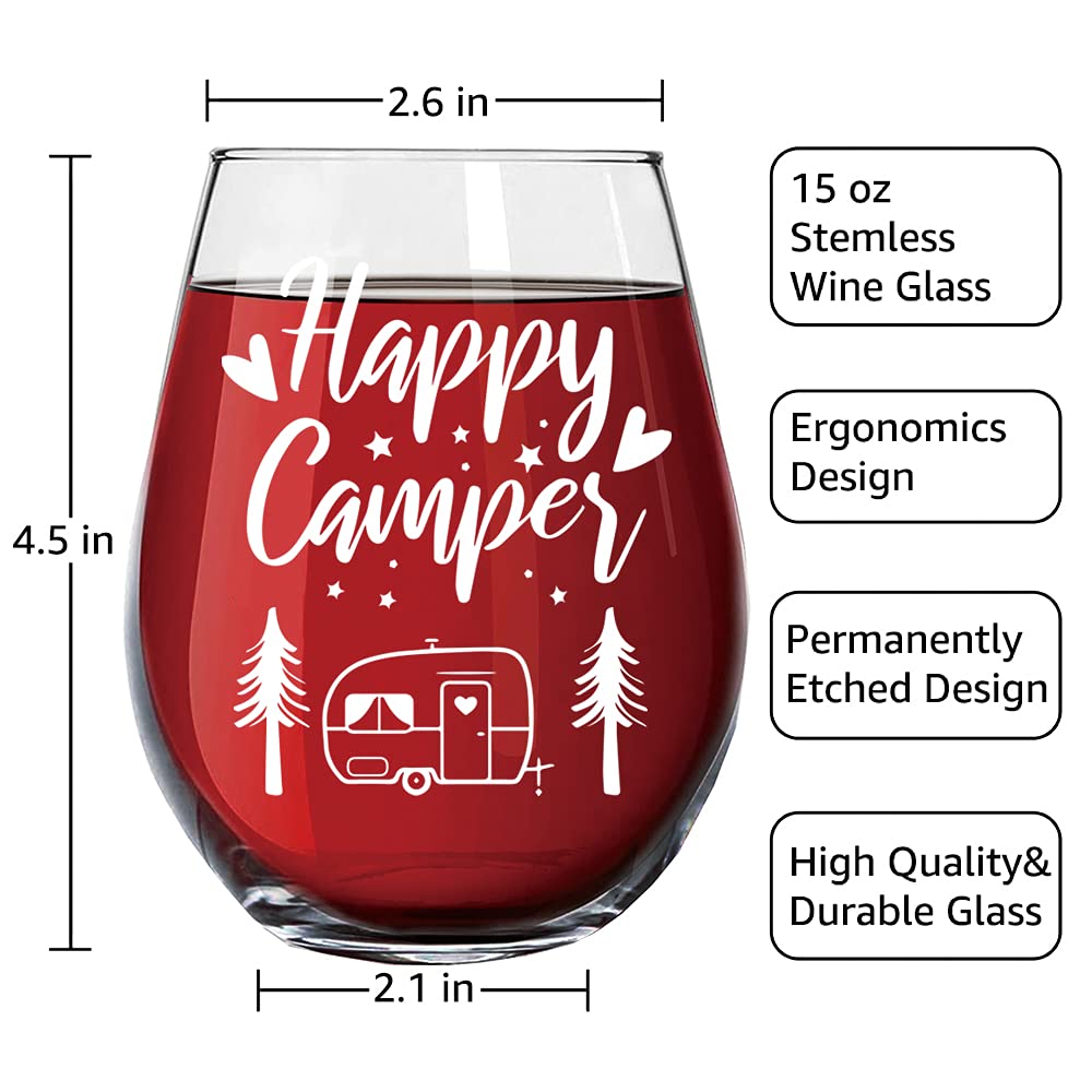 DYJYBMY Happy Camper Funny Wine Glass Birthday Gifts for Women Sister BFF Cute Camping Gifts for Women Her Friend Glamping RV Kitchen AccessoriesThanksgiving Christmas Graduation Gifts