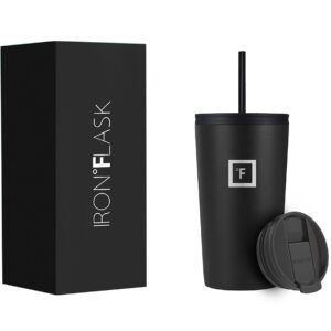 IRON °FLASK Classic Tumbler 2.0-2 Lids (Straw Flip), Vacuum Insulated Stainless Steel Water Bottle, Double Walled, Thermos Travel Mug - Midnight Black, 16 Oz, Mothers Day Gifts for Mom