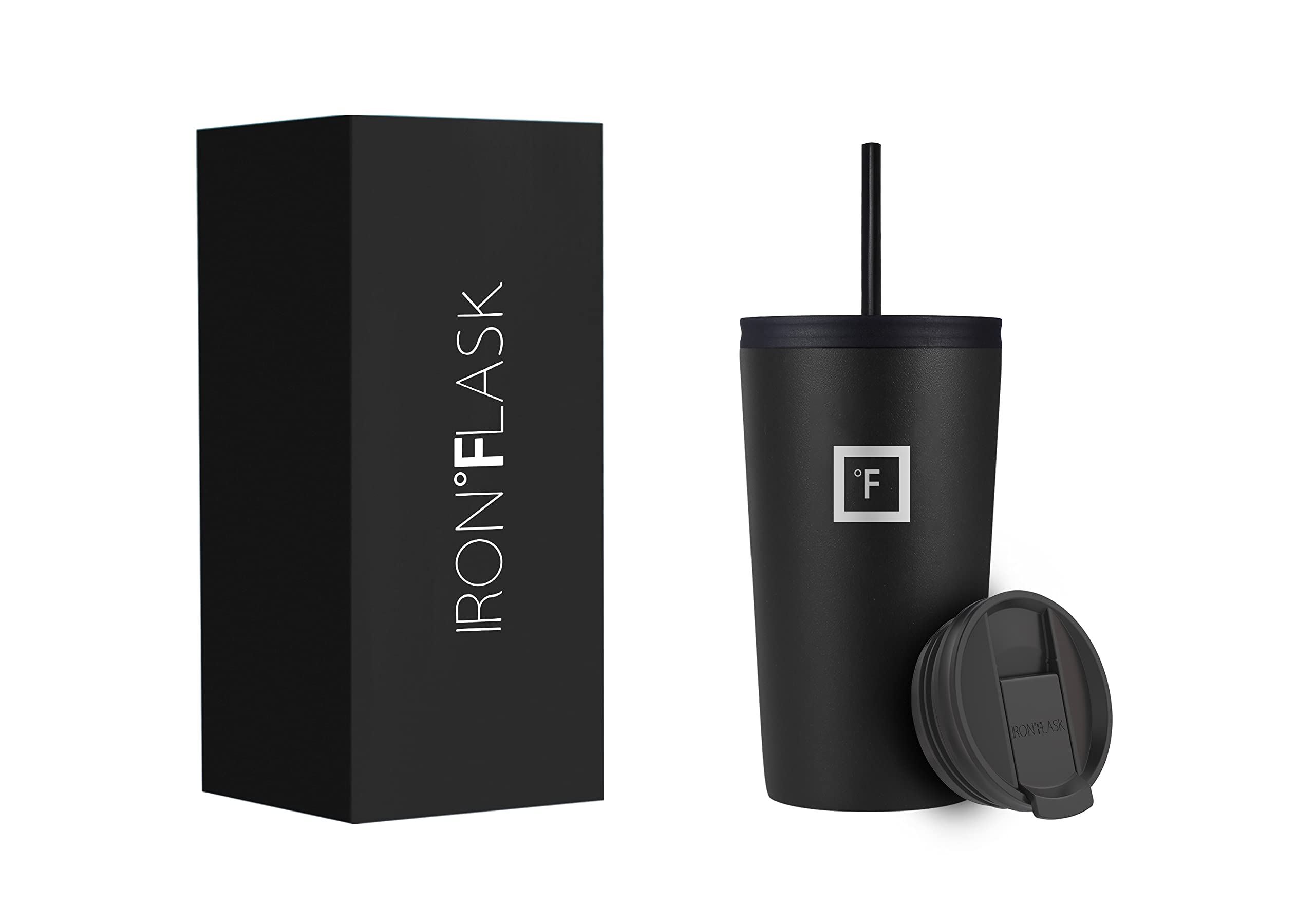 IRON °FLASK Classic Tumbler 2.0-2 Lids (Straw Flip), Vacuum Insulated Stainless Steel Water Bottle, Double Walled, Thermos Travel Mug - Midnight Black, 16 Oz, Mothers Day Gifts for Mom