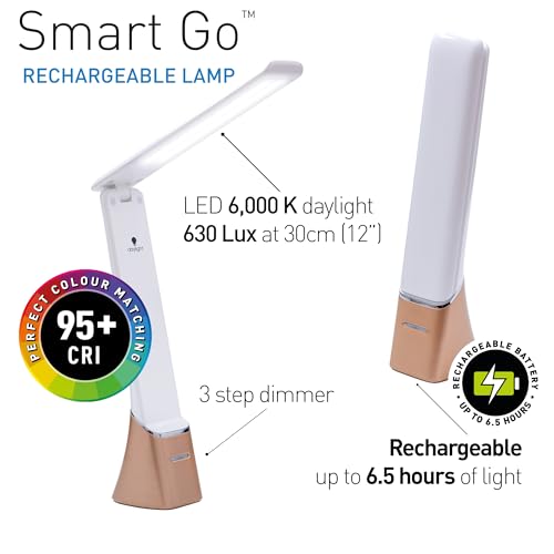 Daylight Company Smart Go Portable Ideal for Reading, Light Therapy, Everyday Tasks, Crafts, Desk Work, DIY, Led, Chargeable lamp, 1 Count (Pack of 1), White