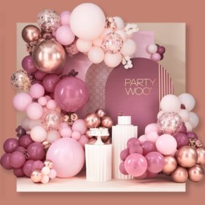 partywoo dusty rose balloon arch kit, 140 pcs pink balloon garland kit, rose gold balloons, metallic balloons for dusty pink birthday decorations women, bridal shower, wedding, bachelorette party