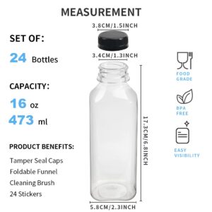 YULEER 24pcs 16oz Plastic Bottles with Caps, Take Out Bottles with Lids for Bottles, Clear Juice Bottles Bulk Containers for Smoothie, Drinking, and Other Beverages