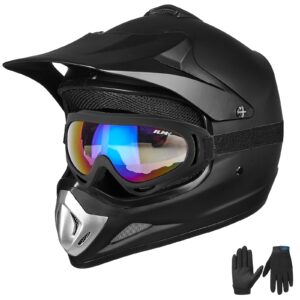 ilm youth kids dirt bike helmet atv motocross dot off-road street helmet goggles gloves full face protective helmet model bld-818(matte black,youth-large)