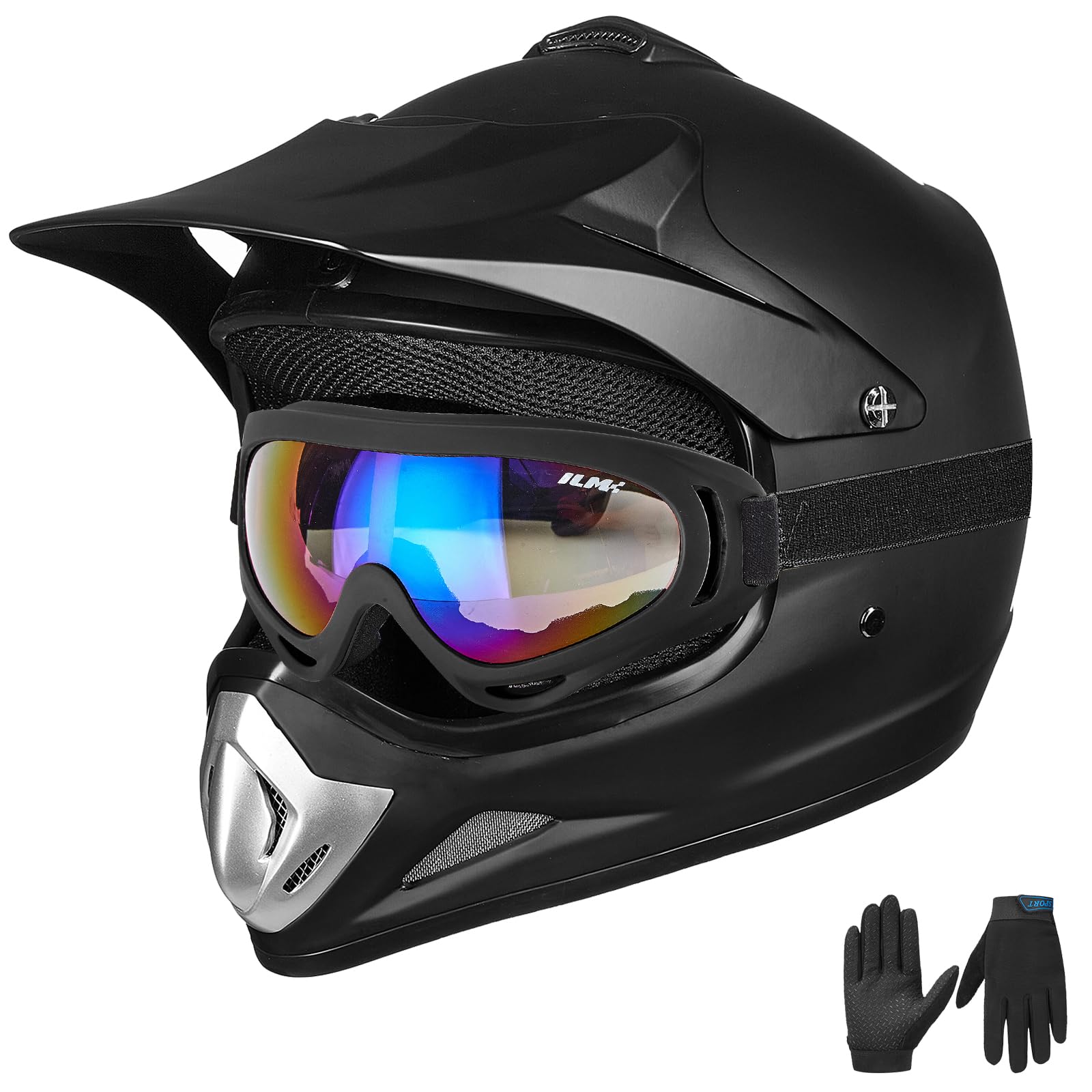 ILM Youth Kids Dirt Bike Helmet ATV Motocross DOT Off-Road Street Helmet Goggles Gloves Full Face Protective Helmet Model BLD-818(Matte Black,Youth-Large)