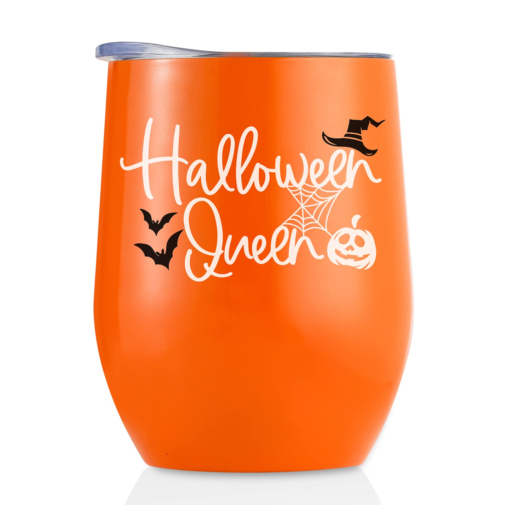 Halloween Decorations Gifts for Women Teens Adults, 12oz Pumpkin Inspired Stemless Wine Water Tumbler, Funny Gifts for Halloween Lovers or Party's Hostess, Halloween Party Supplies - Halloween Queen