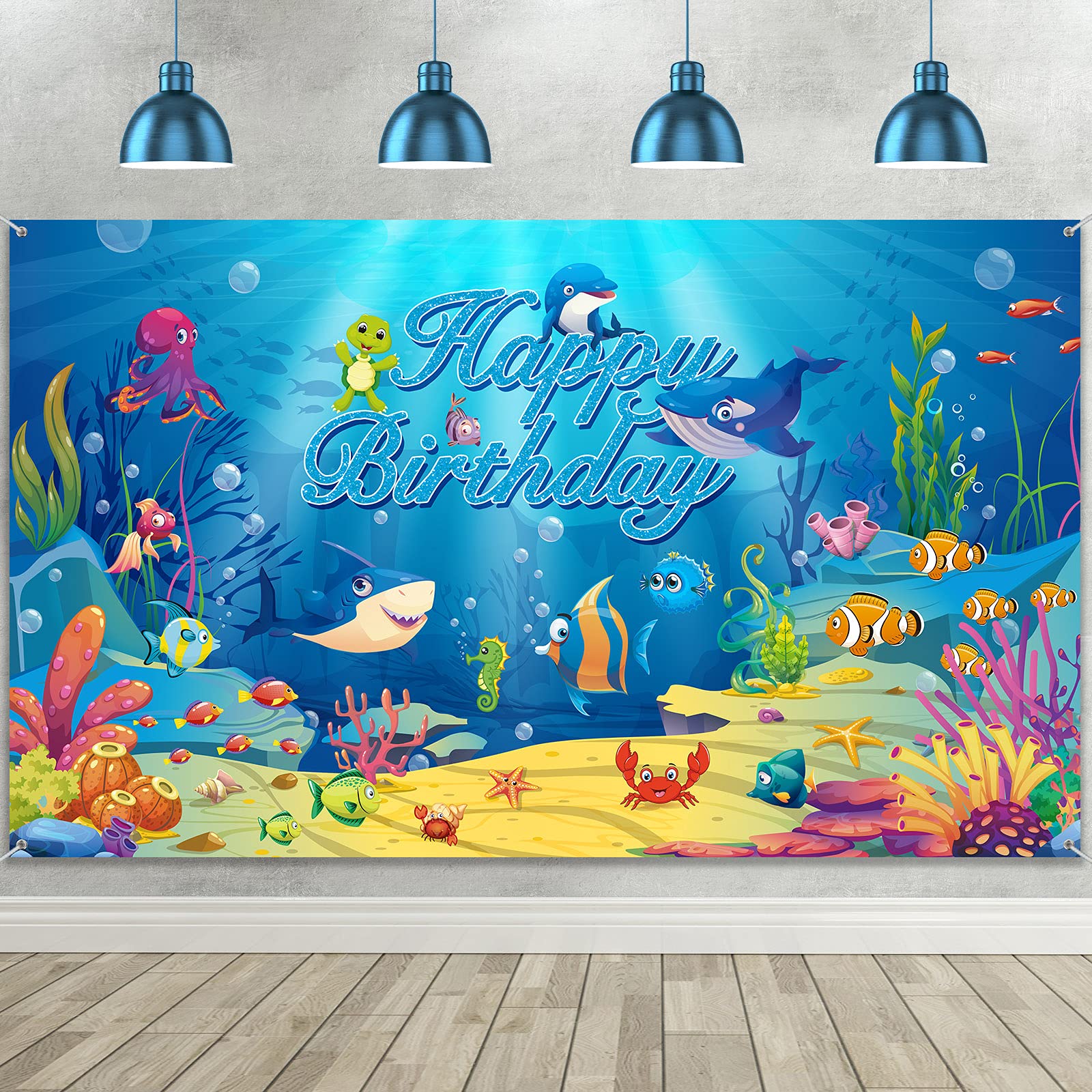 Sea Backdrop Ocean Animal Happy Birthday Decorations Under Ocean Theme Birthday Photography Background Banner for Kids Dolphin Shark Underwater Blue Party Decorations Supplies, 72.8 x 43.3 Inches