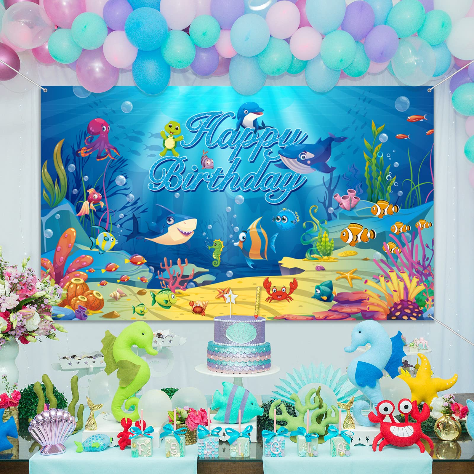 Sea Backdrop Ocean Animal Happy Birthday Decorations Under Ocean Theme Birthday Photography Background Banner for Kids Dolphin Shark Underwater Blue Party Decorations Supplies, 72.8 x 43.3 Inches