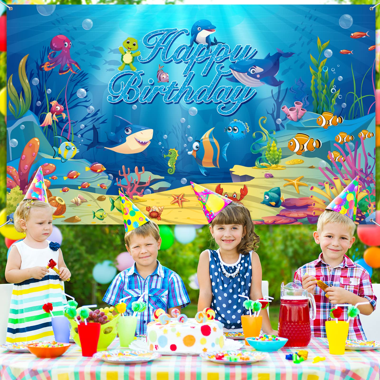 Sea Backdrop Ocean Animal Happy Birthday Decorations Under Ocean Theme Birthday Photography Background Banner for Kids Dolphin Shark Underwater Blue Party Decorations Supplies, 72.8 x 43.3 Inches