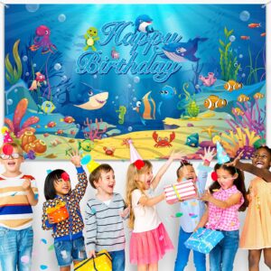 Sea Backdrop Ocean Animal Happy Birthday Decorations Under Ocean Theme Birthday Photography Background Banner for Kids Dolphin Shark Underwater Blue Party Decorations Supplies, 72.8 x 43.3 Inches