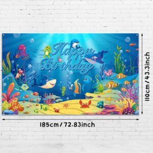 Sea Backdrop Ocean Animal Happy Birthday Decorations Under Ocean Theme Birthday Photography Background Banner for Kids Dolphin Shark Underwater Blue Party Decorations Supplies, 72.8 x 43.3 Inches