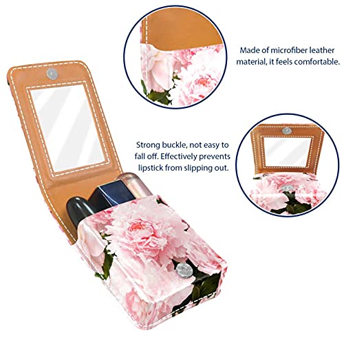 Makeup Lipstick Case For Outside Beautiful Peony Flowers Pink Romantic Portable Lipstick Organizer With Mirror Ladies Mini Makeup Bag Takes Up To 3 Lipstick