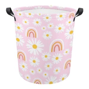 daisy flower and rainbow on pink storage basket bin, round laundry bakset hamper collapsible nursery bin with handle for clothes toys books home decor