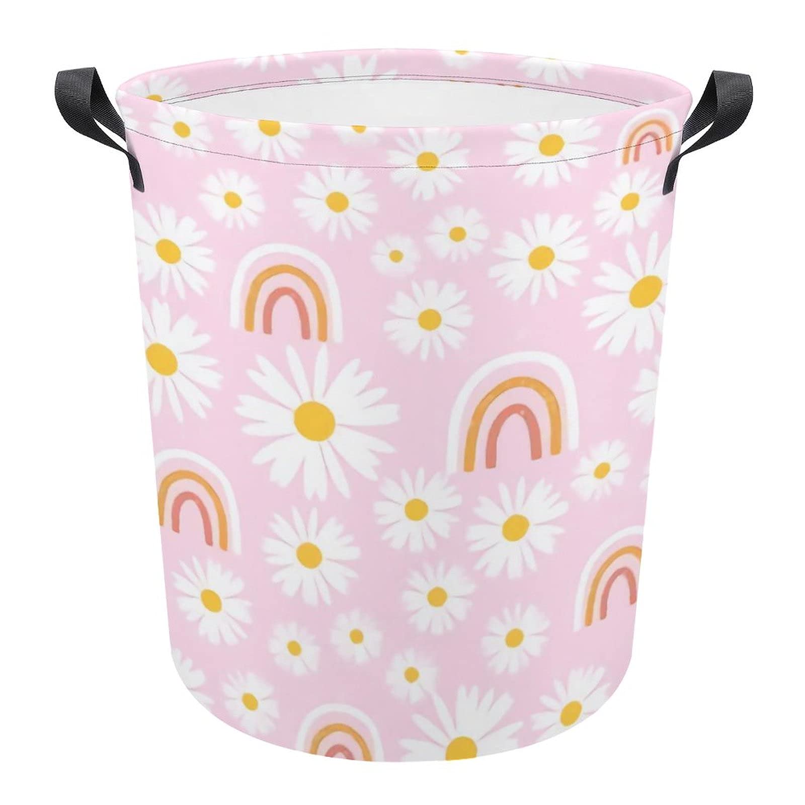 Daisy Flower And Rainbow on Pink Storage Basket Bin, Round Laundry Bakset Hamper Collapsible Nursery Bin with Handle for Clothes Toys Books Home Decor