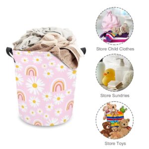 Daisy Flower And Rainbow on Pink Storage Basket Bin, Round Laundry Bakset Hamper Collapsible Nursery Bin with Handle for Clothes Toys Books Home Decor