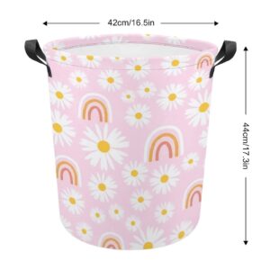 Daisy Flower And Rainbow on Pink Storage Basket Bin, Round Laundry Bakset Hamper Collapsible Nursery Bin with Handle for Clothes Toys Books Home Decor