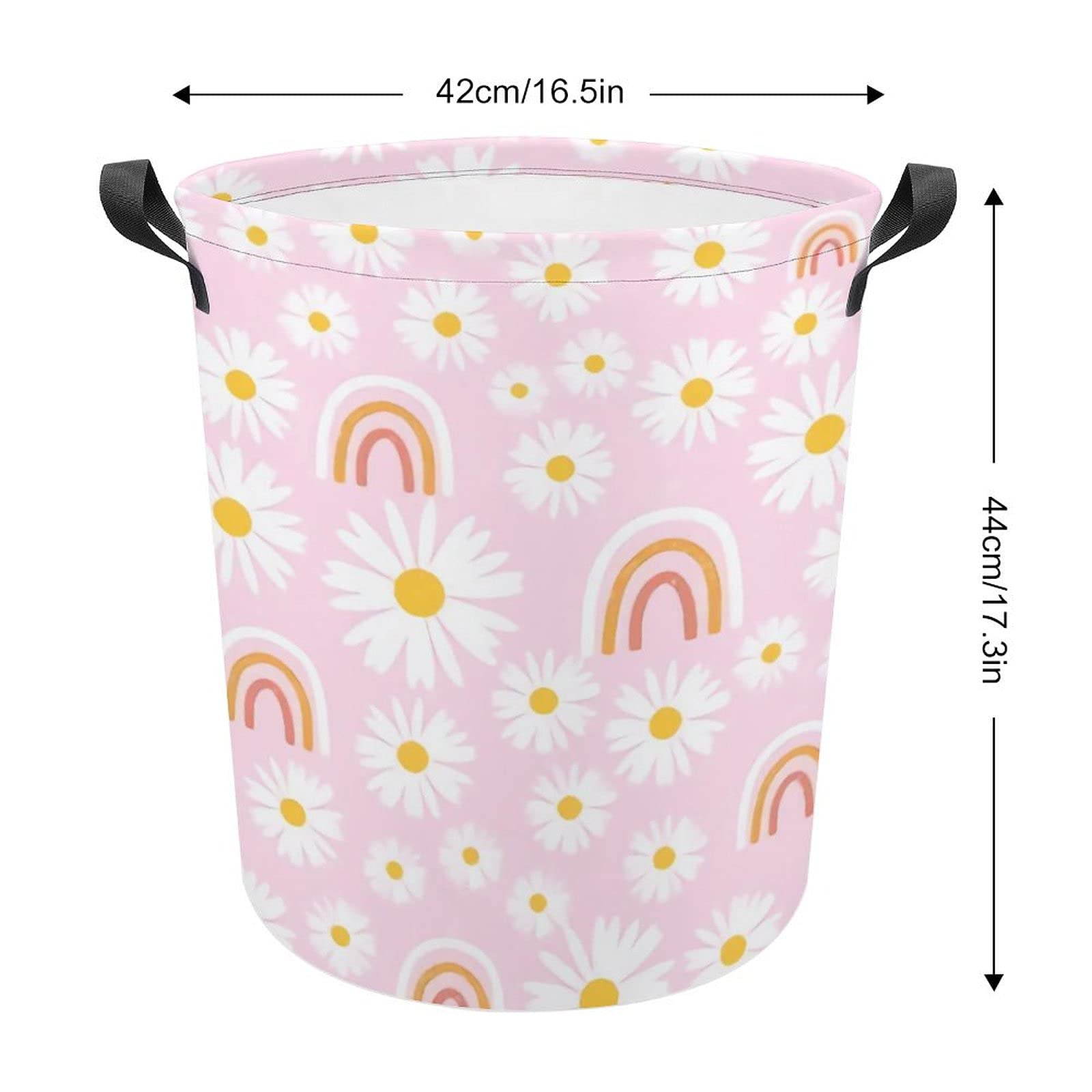 Daisy Flower And Rainbow on Pink Storage Basket Bin, Round Laundry Bakset Hamper Collapsible Nursery Bin with Handle for Clothes Toys Books Home Decor