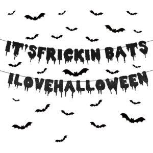 halloween banner & bats decorations glitter banner & 3d black bats stickers indoor outdoor party door background vintage scary spooky horror goth decor for mantle fireplace home wall room office