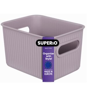 superio ribbed collection - decorative plastic open home storage bins organizer baskets, small lilac purple (1 pack) container boxes for organizing closet shelves drawer shelf 1.5 liter