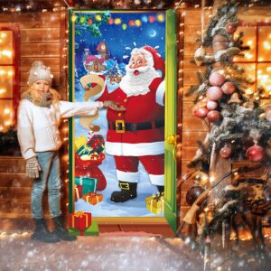 Christmas Door Cover Decoration Santa Backdrop Xmas Door Hanging Covers Christmas Eve Background Funny Santa Claus Banner Christmas Party Decorations Photo Booth for New Year Christmas 78 x 35.4 inch
