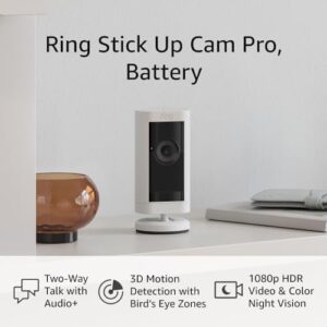 Ring Stick Up Cam Pro, Battery | Two-Way Talk with Audio+, 3D Motion Detection with Bird’s Eye Zones, and 1080p HDR Video & Color Night Vision (2023 release), White