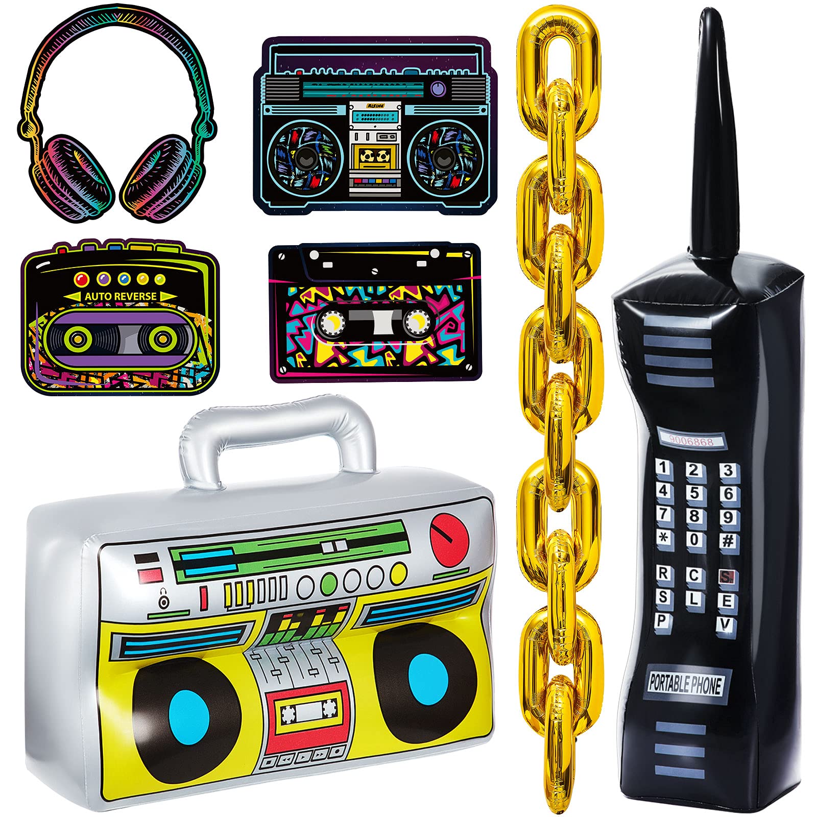 26 Pieces 80s 90s decorations Inflatable Radio Boombox Inflatable Mobile Phone Gold Inflatable Foil Chain Balloons 80s 90s Props Retro Cassette Headphones Player Cutouts for Hip Hop Party Decoration