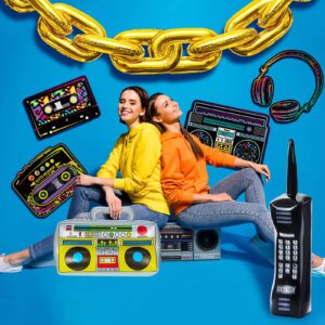 26 Pieces 80s 90s decorations Inflatable Radio Boombox Inflatable Mobile Phone Gold Inflatable Foil Chain Balloons 80s 90s Props Retro Cassette Headphones Player Cutouts for Hip Hop Party Decoration